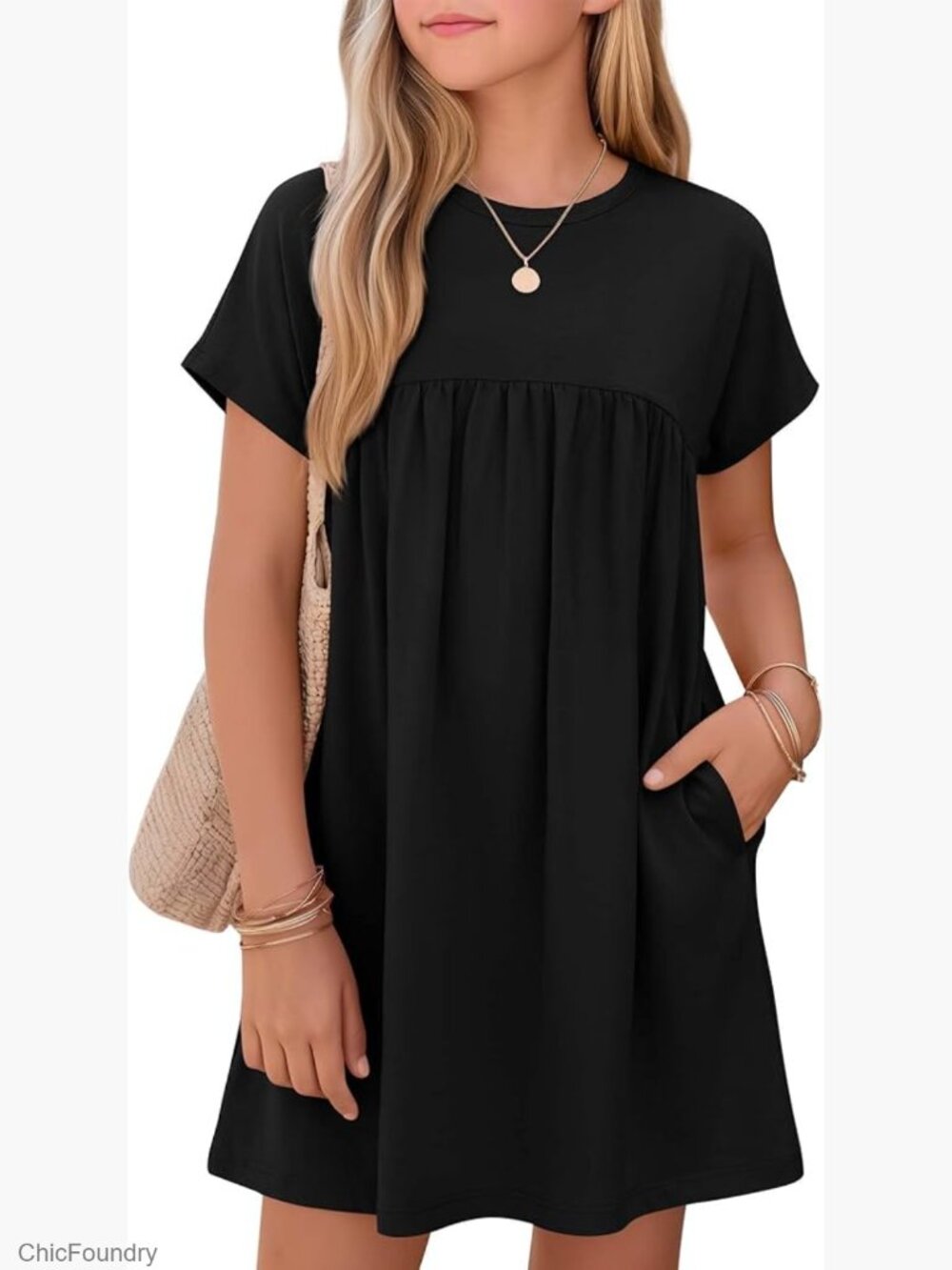 Girls Summer A-Line Skater Midi Dress with Pockets Short Sleeve
